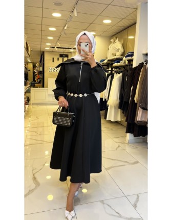 Vosse Siyah Kemerli Schuba Elbise 