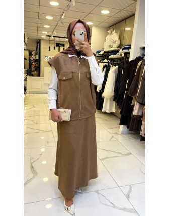 Tığ Triko Camel Süet Kısa Kollu Etekli Takım 