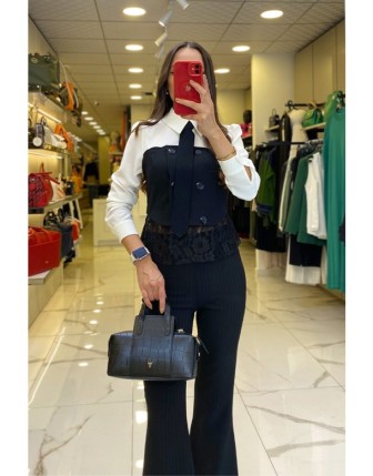 Miarte Siyah Düğmmeli Küpürlü Kravat Detyalı Bluz