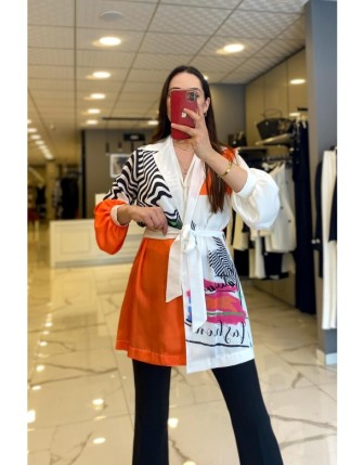 Miaruj Oranj Zebra Desenli Kuşaklı Kimono