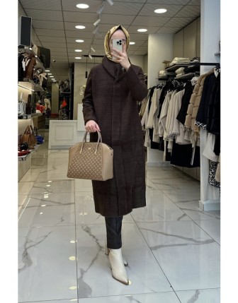 Tığ Triko Kahverengi Çizgili Angora Kaban