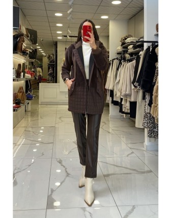 Tığ Triko Kahverengi Tay Detaylı Kapitone Mont