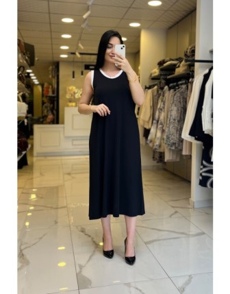 On Fashıon Siyah Bisiklet Yaka Sıfır Kollu Midi Boy Elbise