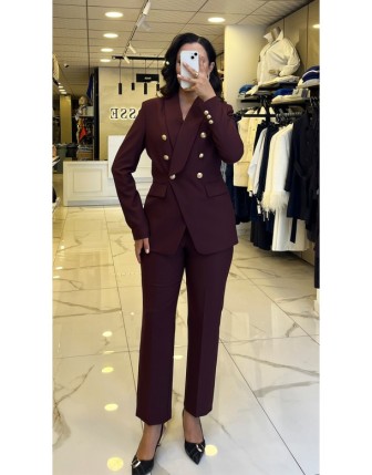 Ekol Bordo Gold Düğme Detaylı Blazer Takım