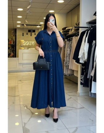 Ekol İndigo Beli Lastikli Midi Boy Elbise 
