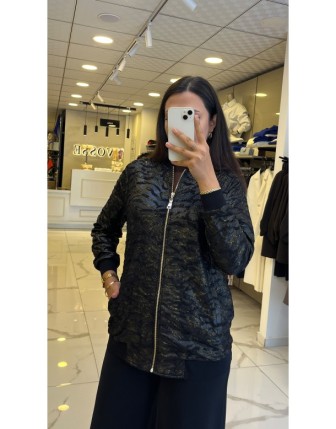 Tığ Triko Siyah Jakarlı Ribanalı Bomber Ceket