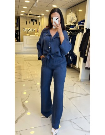 Moda İlgi İndigo Mono Yakalı Önden Bağlama Detaylı Takım