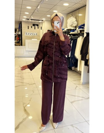 Tığ Triko Bordo Beli Büzgülü İpek Qupra Takım