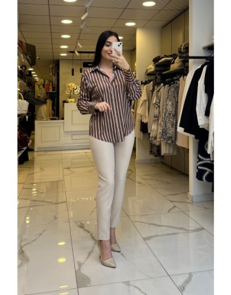 On Fashıon Kahverengi Çizgili Saten Gömlek