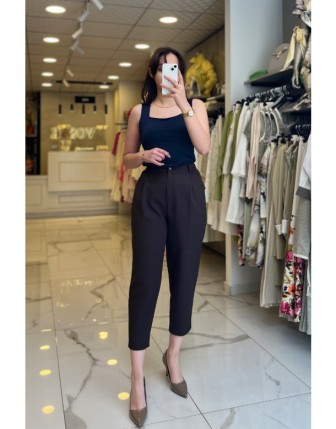 Yusuf Özdemir Kahverengi Pileli,Lastikli Kumaş Pantolon 