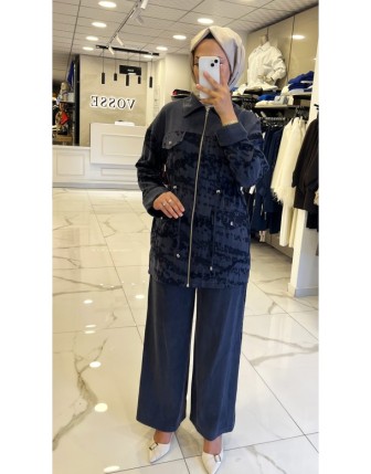 Tığ Triko Lacivert Beli Büzgülü İpek Qupra Takım