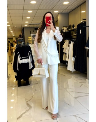 Mıanotte Ekru KuşakDetaylı Taşlı Pantolon