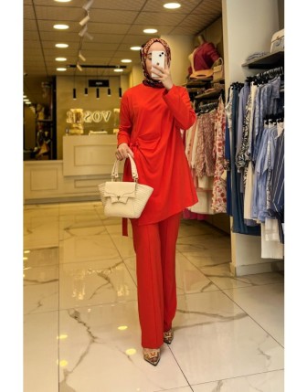 Tığ Triko Kırmızı Yandan Bağlamalı Takım