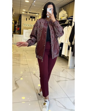 Moda İlgi Bordo Desenli Deri Detaylı Bomber Ceket