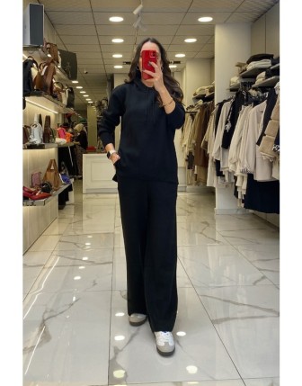 Tığ Triko Siyah Kapüşonlu Triko Takım