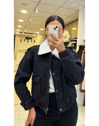 Doop Siyah Peluş Yaka Kot Ceket