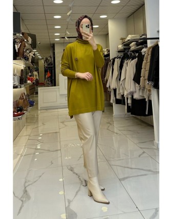 Tığ Triko Yeşil Balıkçı Yaka Tunik