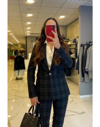 Ekol Siyah Ekoseli Tek Düğmeli Blazer Ceket