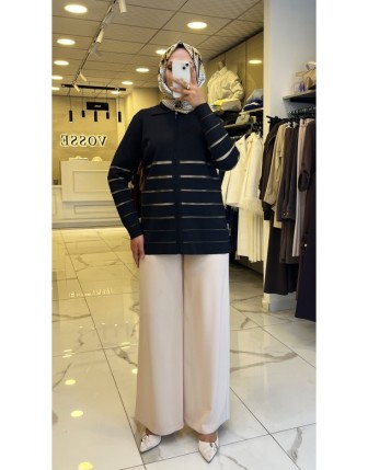 Tığ Triko Siyah Örgü Detaylı Triko Hırka