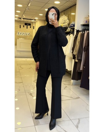 Tığ Triko Siyah Sim Detaylı Hırka