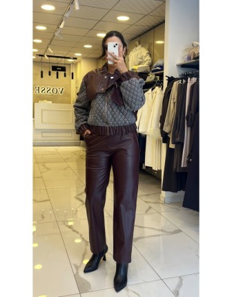 Miarte Bordo Deri Detaylı Ekose Desenli Ceketli Takım