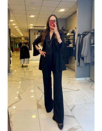 Miarte Siyah Yan Kısmı Kadife Detaylı Bol Paça Pantolon 