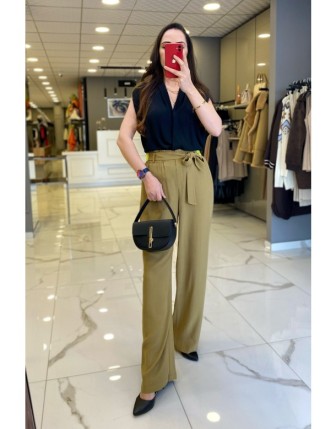 Hukka Desıgn Haki Beli Lastikli Fermuarlı Kemer Detaylı Pantolon