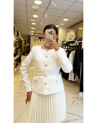 Doop Ekru Kemer Detaylı Simli Elbise