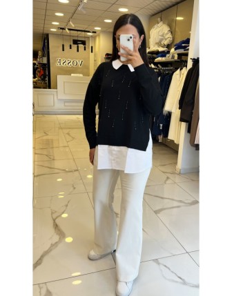 Tığ Triko Siyah Boncuk İşlemeli Gömlek Detaylı Tunik