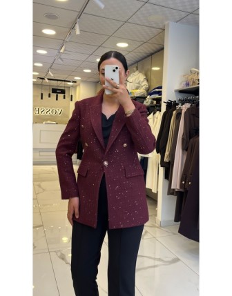 Moda İlgi Bordo Simli Tüvid Blazer Ceket