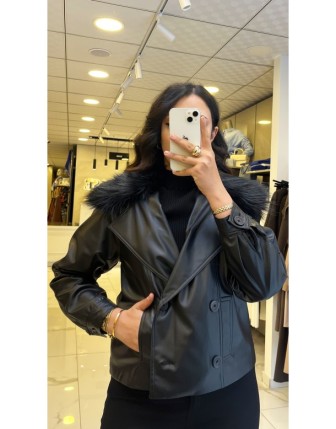 Moda İlgi Siyah Kürk Detaylı Deri Ceket