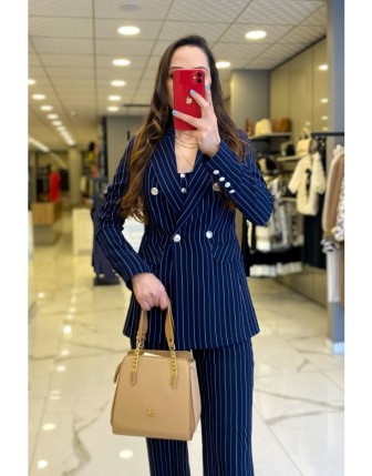 Ekol Lacivert Çizgili Gümüş Düğme Detaylı Blazer Ceket