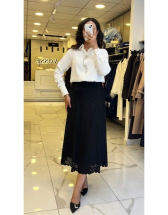 Moda İlgi Siyah Etek Ucu İşlemeli Süet Etek