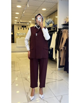 Tığ Triko Bordo Tek Düğmeli Yelekli Takım