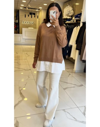 Tığ Triko Camel Boncuk İşlemeli Gömlek Detaylı Tunik