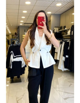 On Fashıon Siyah Beli Büzgülü Tek Düğme Detaylı Yelek