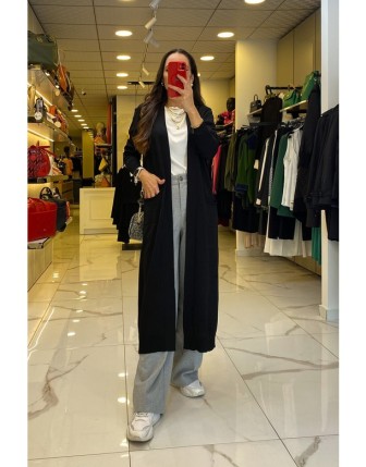 Tığ Triko Siyah Cep Detaylı Merserize Tam Boy Hırka