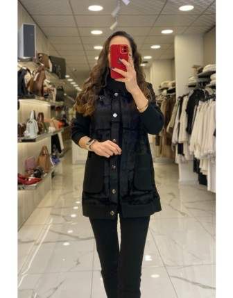 Tığ Triko Siyah Aksesuarlı Bomber Hırka