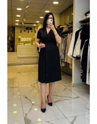 Ekol Siyah Saten Bağlamalı Elbise