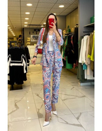 Ekol Mavi Desenli Düğme Ve Cep Detaylı Blazer Ceketli Takım