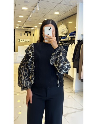 Moda İlgi Haki Kolları Şifon Leopar Desenli Triko Bluz