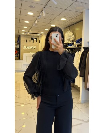 Moda İlgi Siyah Kolları Şifon Desenli Triko Bluz