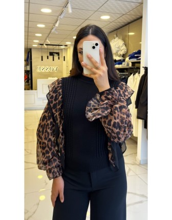 Moda İlgi Vizon Kolları Şifon Leopar Desenli Triko Bluz