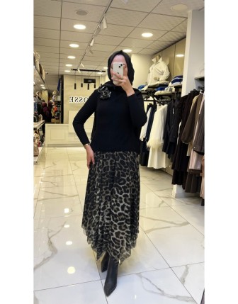 Moda İlgi Haki Leopar Desenli Triko Elbise