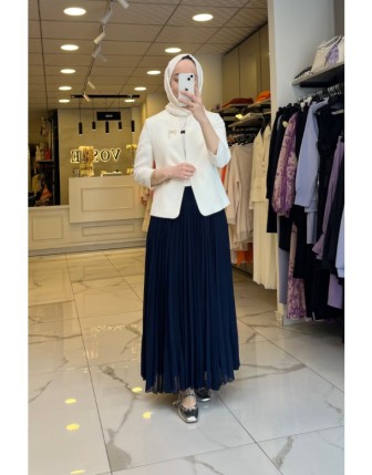 Ekol Lacivert Pileli Tam Boy Astarlı Etek