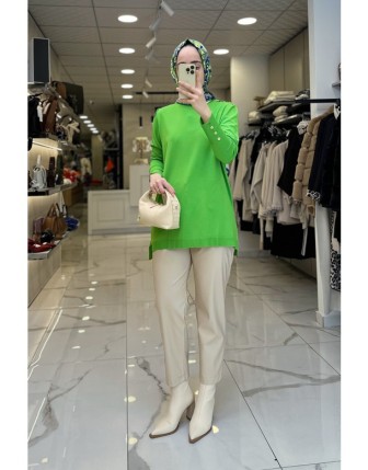 Tığ Triko Yeşil Düğme Detaylı Rayon Tunik