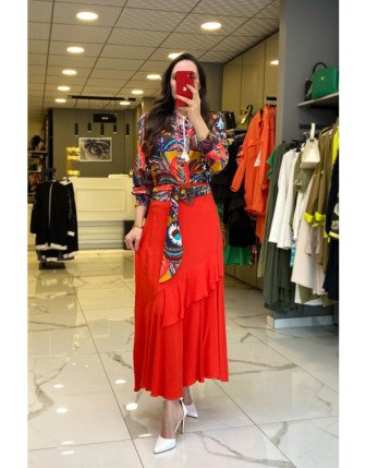 Hukka Oranj Kemerli Dikiş Detaylı Etek