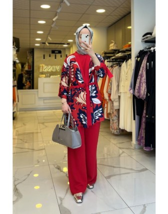 Miaruj Kırmızı Desenli Üçlü Kimono Takım