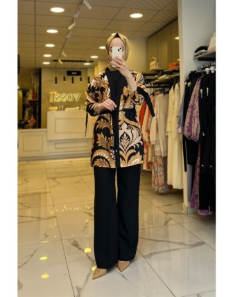 Miaruj Siyah Desenli Üçlü Kimono Takım