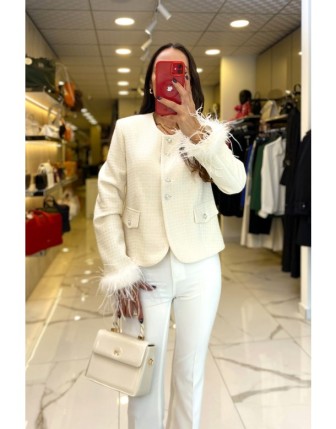 Ekol Ekru Gümüş Düğme Ve Kolları Püskül Detaylı Tüvid Ceket